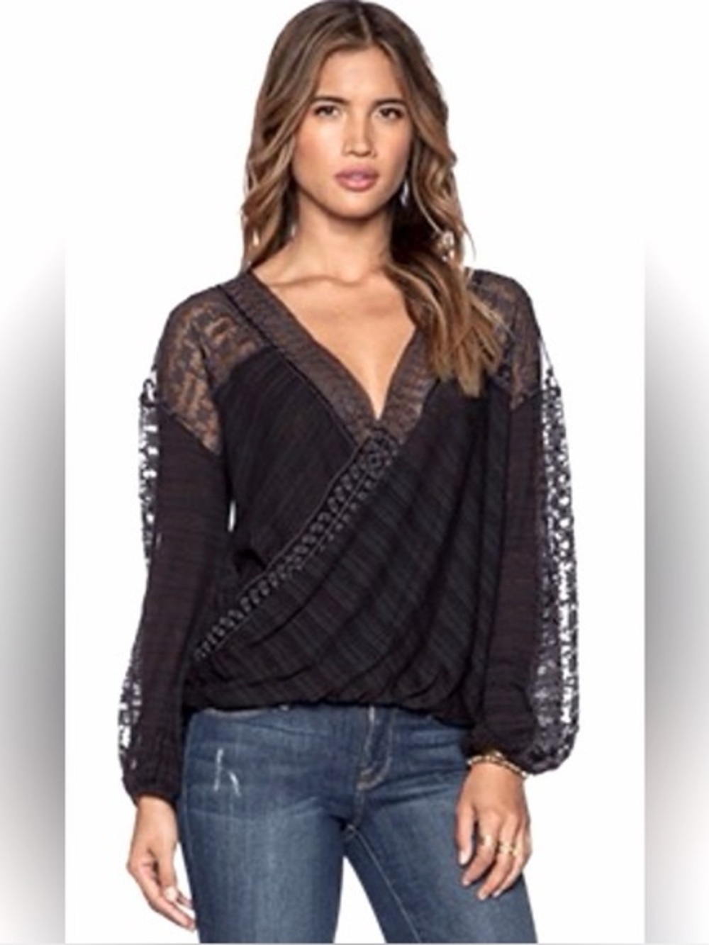 Free People Black Lace-Trim V-Neck Drape Tunic
